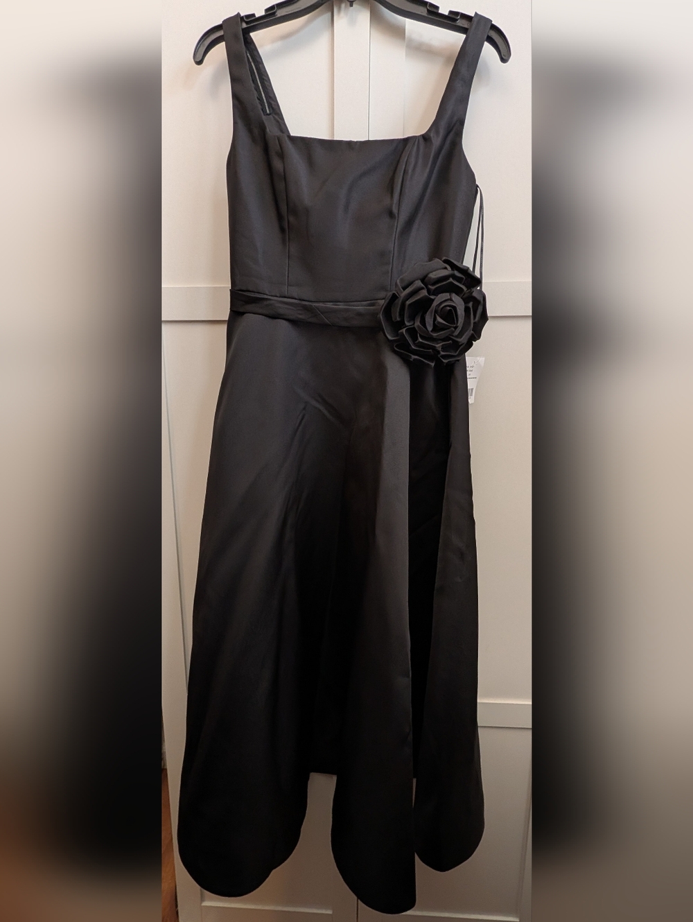 Dessy Square Neck Satin Midi Dress with Full Skirt Flower Sash Black Size 2 - Picture 3 of 9